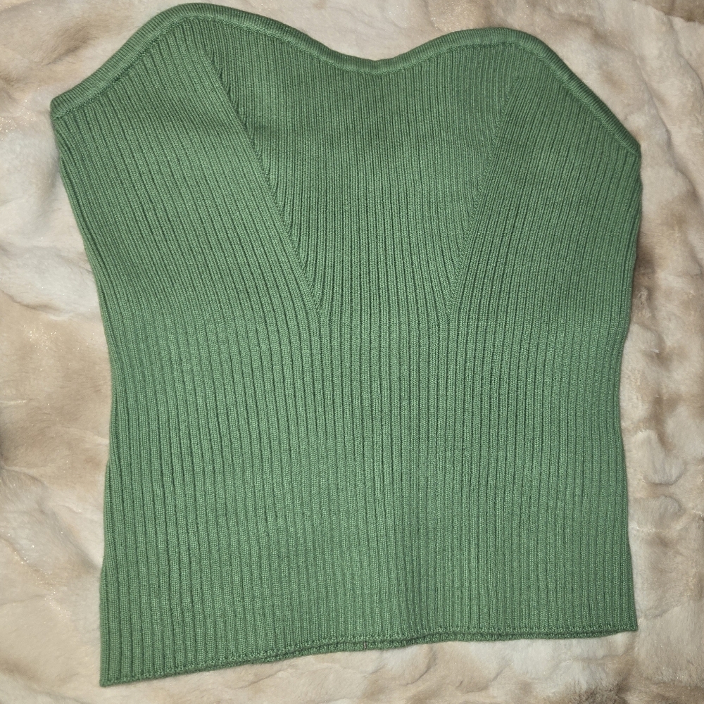 Green Ribbed Strapless Top